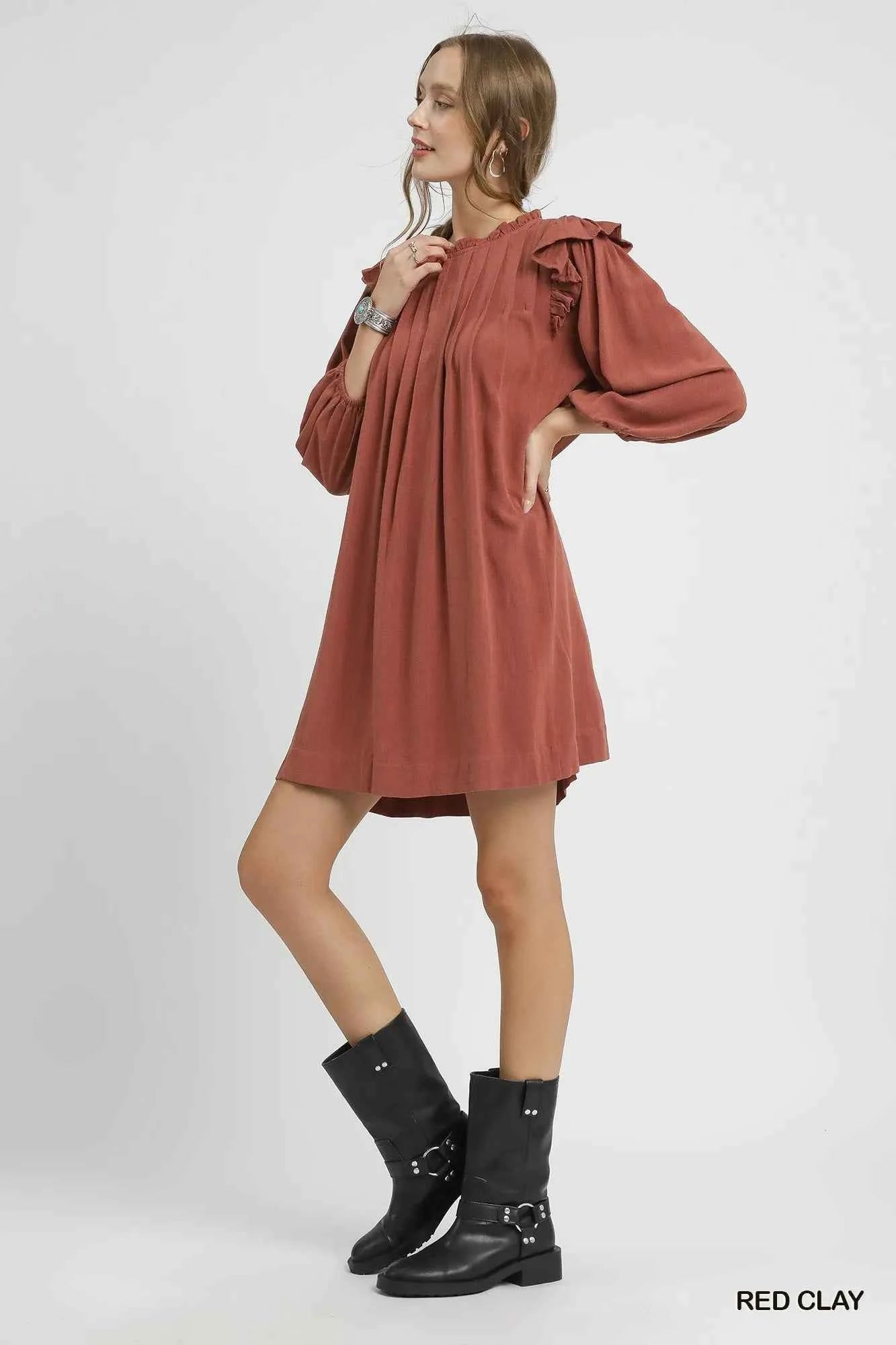 Linen Ruffle Shoulder Pleated Babydoll Dress 6196d513-72d5-4f75-b044-d42bb7f81473-Max-Origin