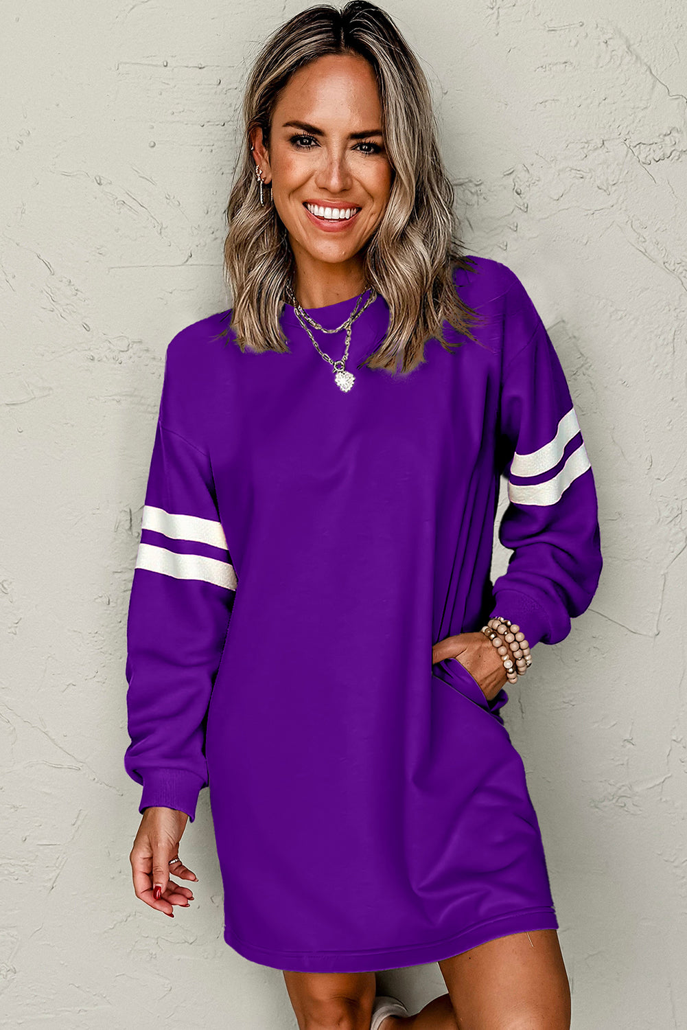 Tillandsia Purple Preppy Striped Sleeve Loose Mini Dress 619e2bbb9777dadb