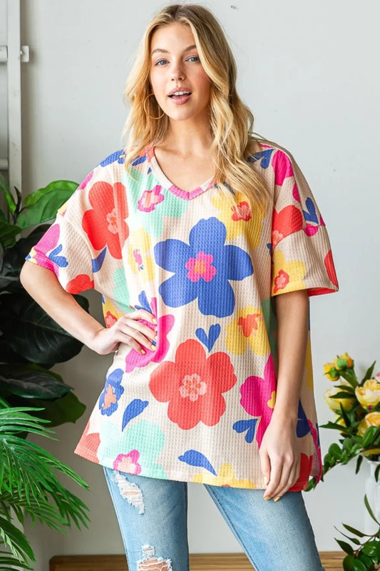 Full Size Floral V-Neck Side Slit T-Shirt 619fe063-38fb-41b9-8334-e35a1872dd2f-Max