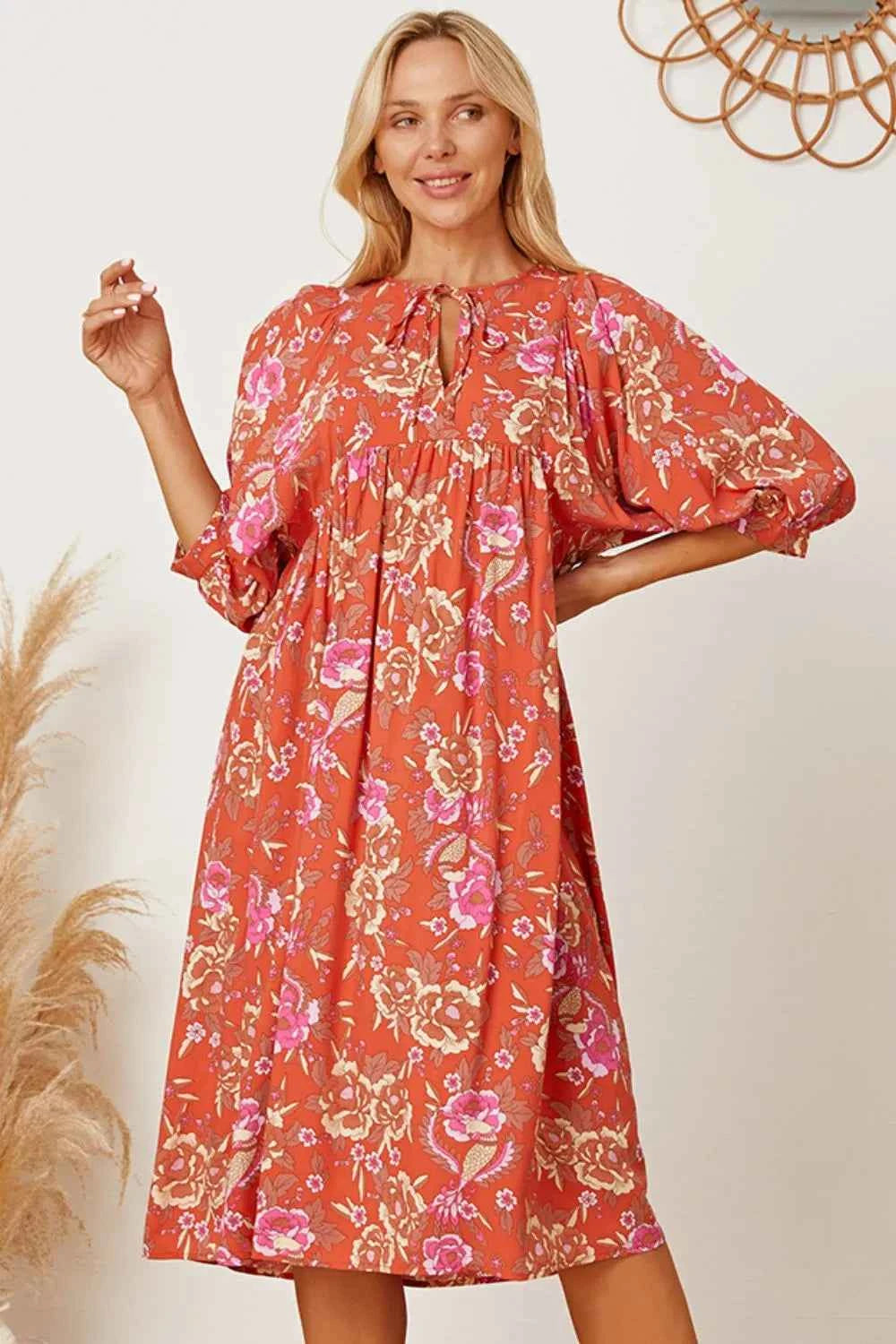 Floral Tie Neck Half Sleeve Dress Rust 61a124d0-01bc-4371-aa3b-6da65e2fcefb-Max