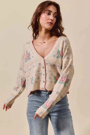 Floral Pattern Long Sleeve Button Sweater Cardigan BEIGE 61a5003dd86f4508b8e7fc2fbf3b9eca-Max-Origin