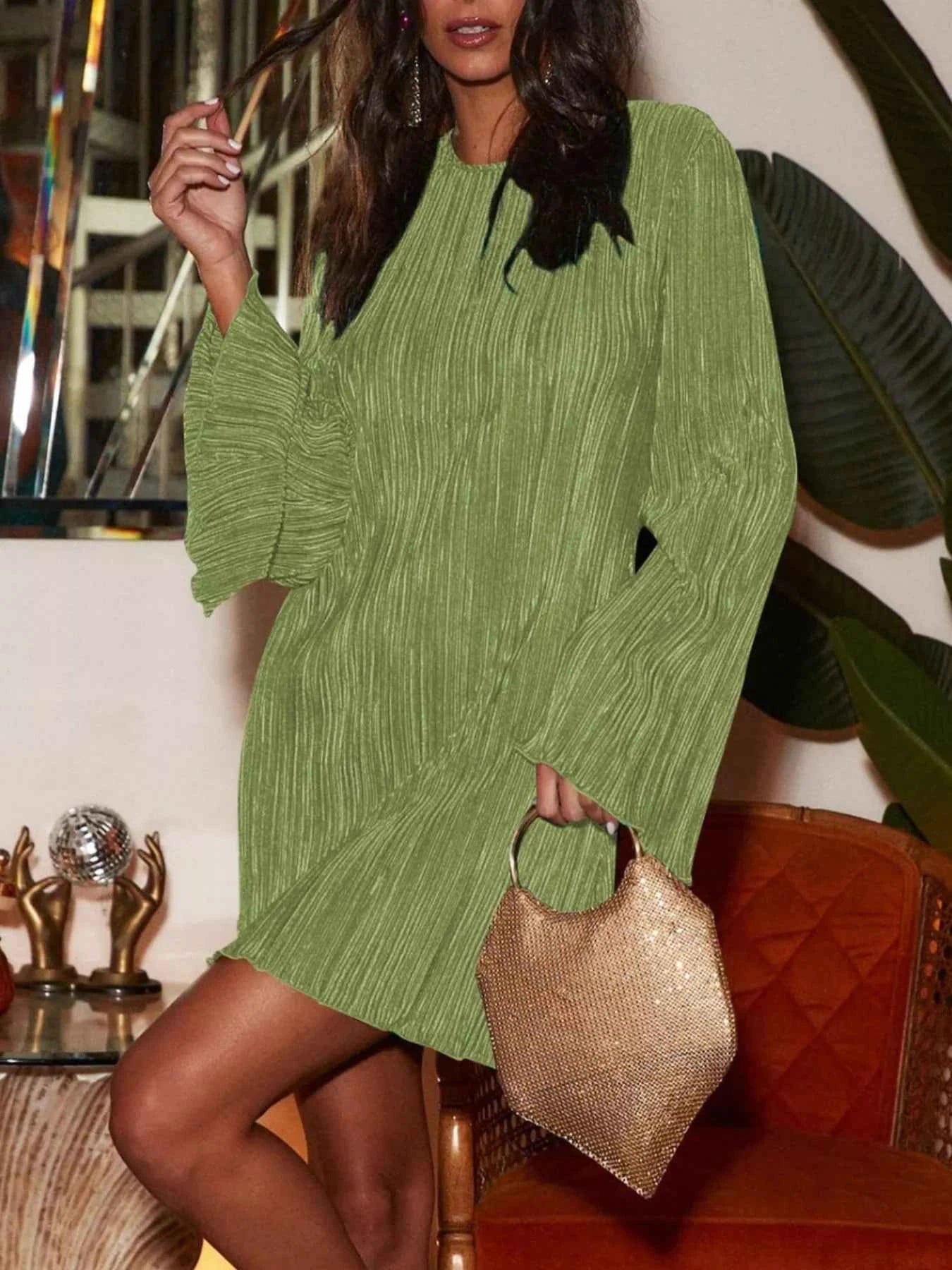 Cutout Back Flare Sleeve Dress Matcha Green 61a9983f-cd9e-46a2-a1ea-76e7fa3c5f7d-Max-Origin