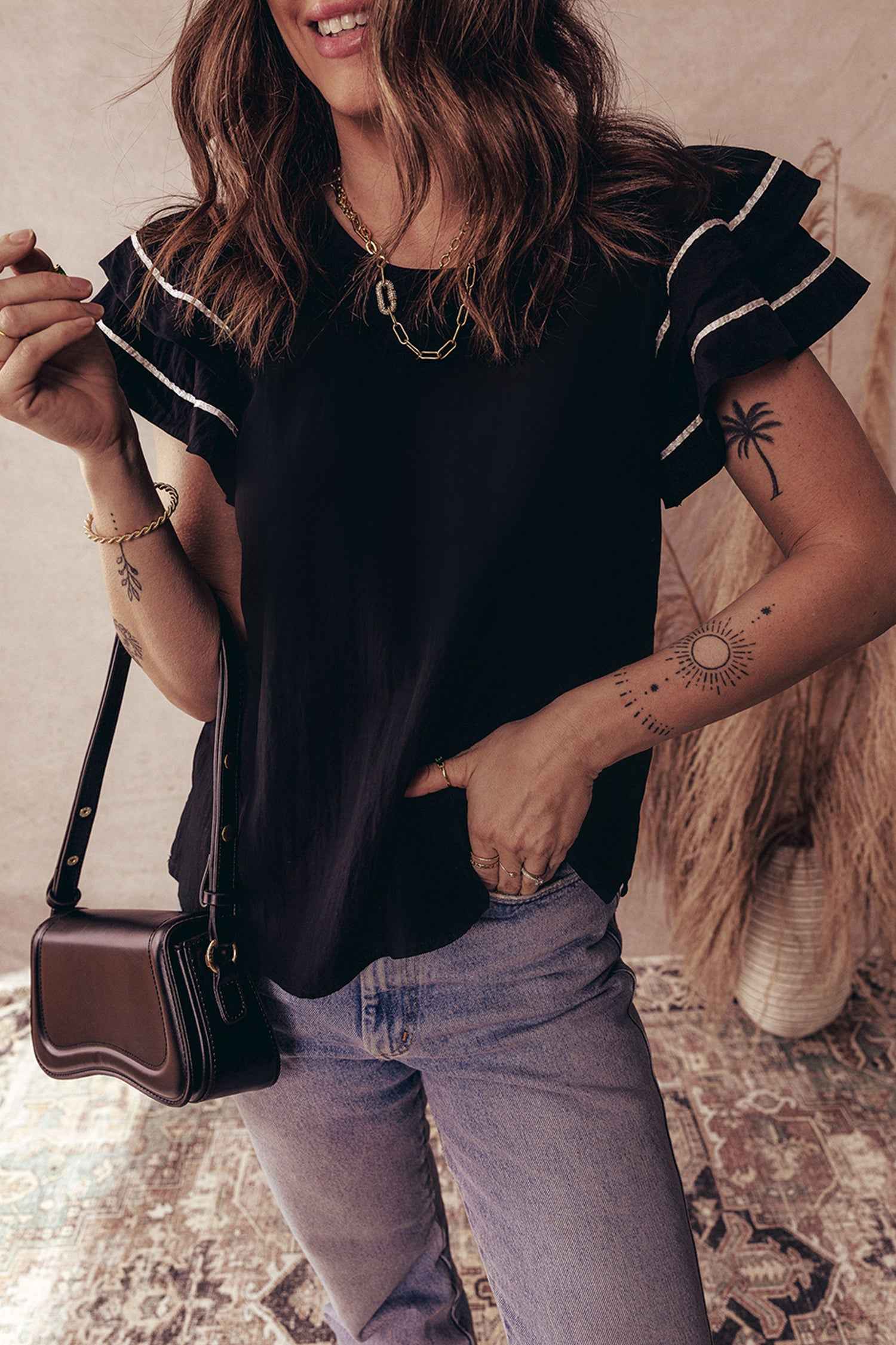 Black Contrast Trim Dual Ruffle Short Sleeve Textured Blouse 61aacf0ab0d6f547