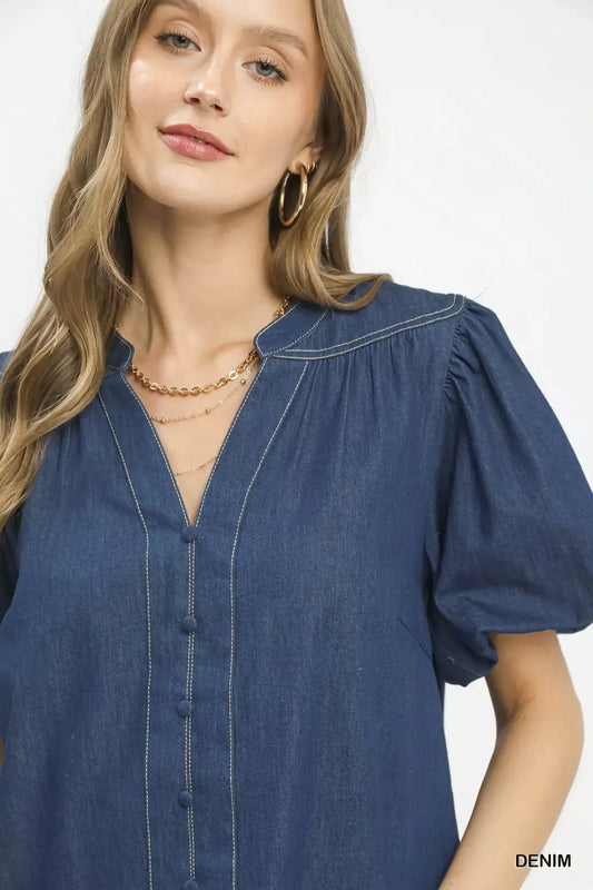 Denim Button Front Puff Sleeve Boho Blouse 61ad59de-7a64-47e9-b143-abae6d61a7e6-Max-Origin