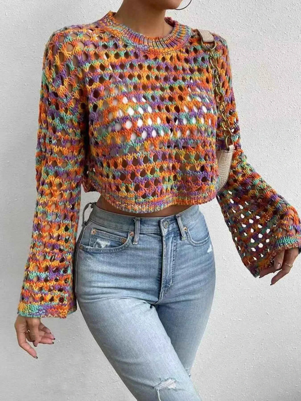 Rainbow Crochet Hollow Out Cropped Sweater