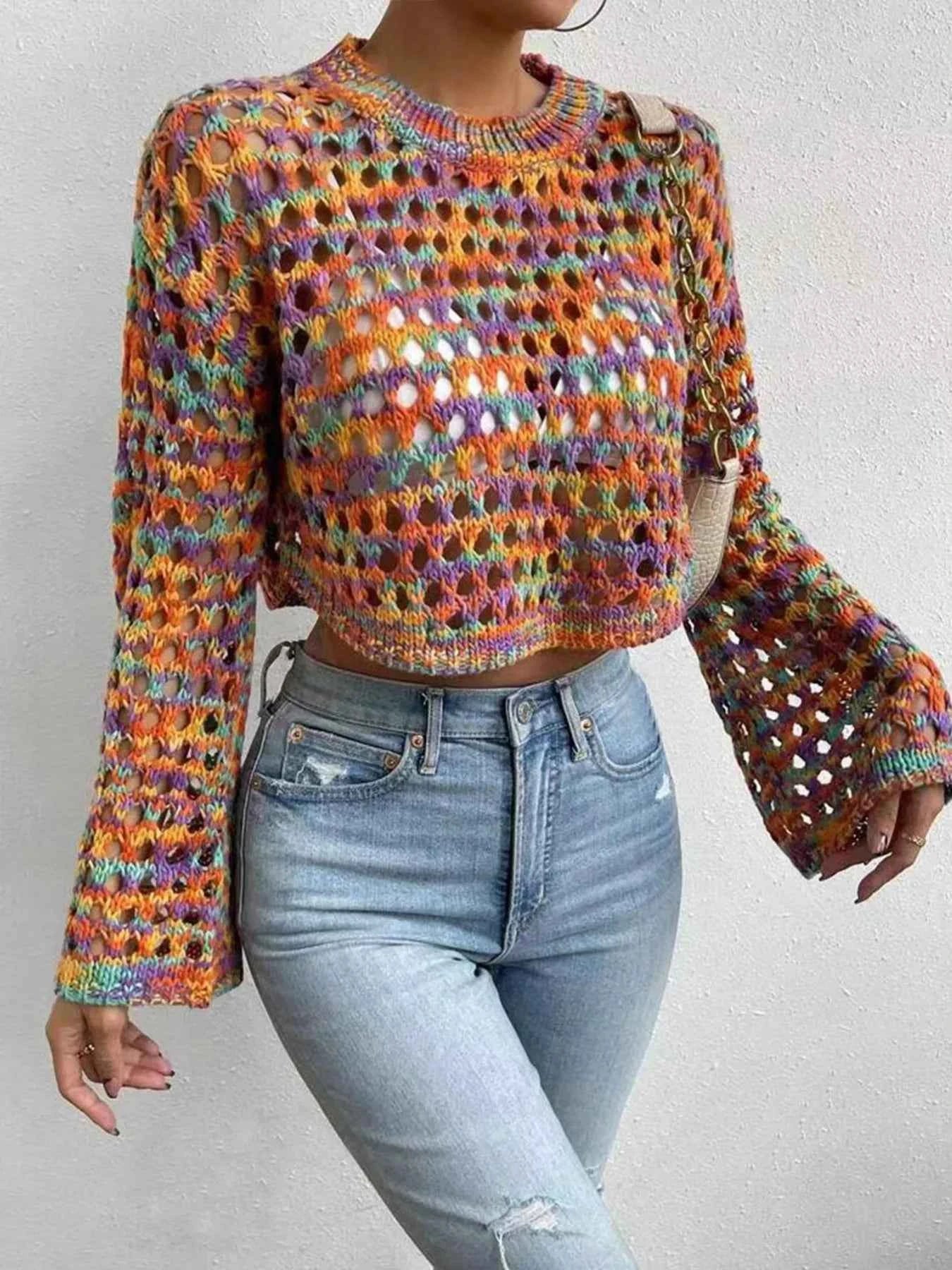 Rainbow Crochet Hollow Out Cropped Sweater