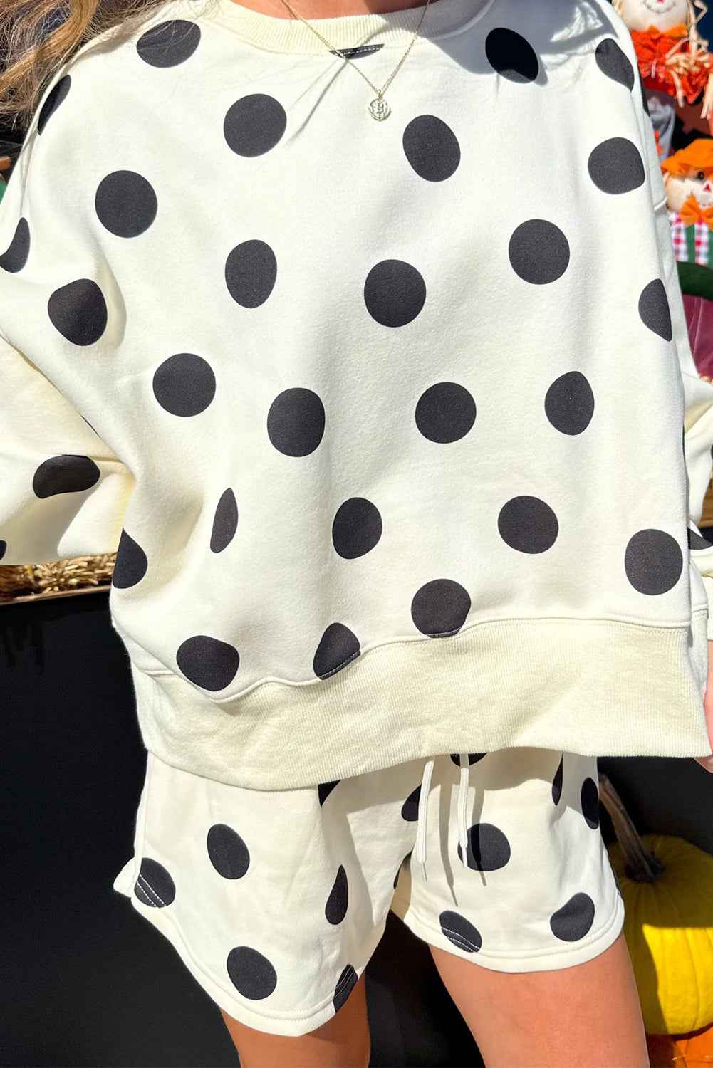 Sky Blue Polka Dot Print Drop Shoulder Pullover Drawstring Shorts Set 61ae069f1ba6e5d2