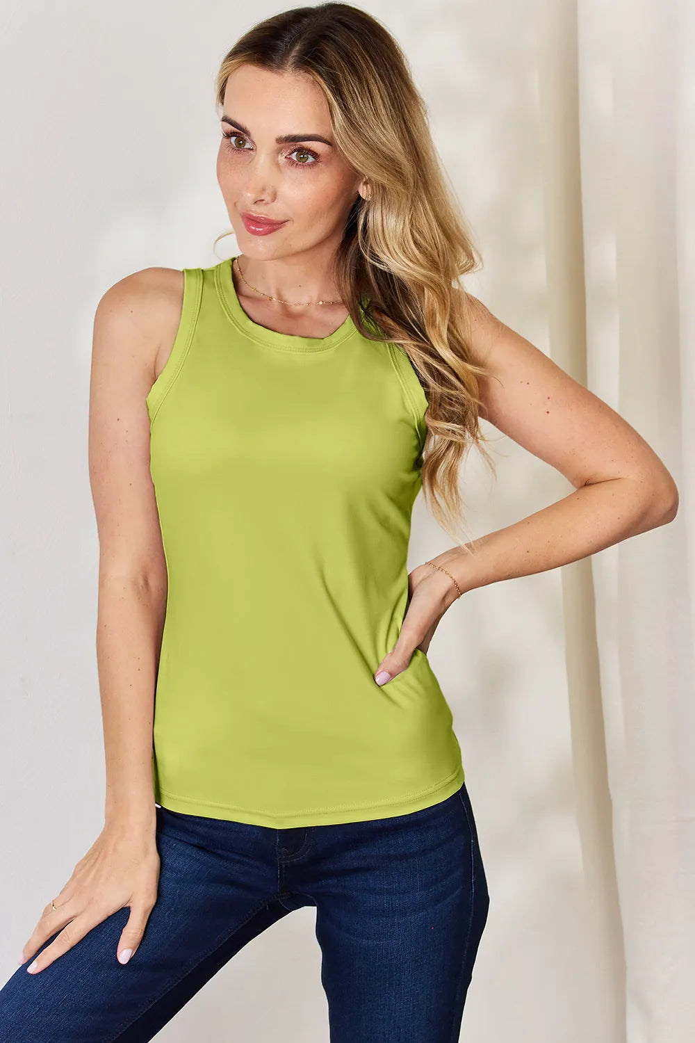 Basic Bae Full Size Round Neck Slim Tank Yellow-Green 61ae20b4-c8c4-4ece-a720-a0d6dd503321-Max