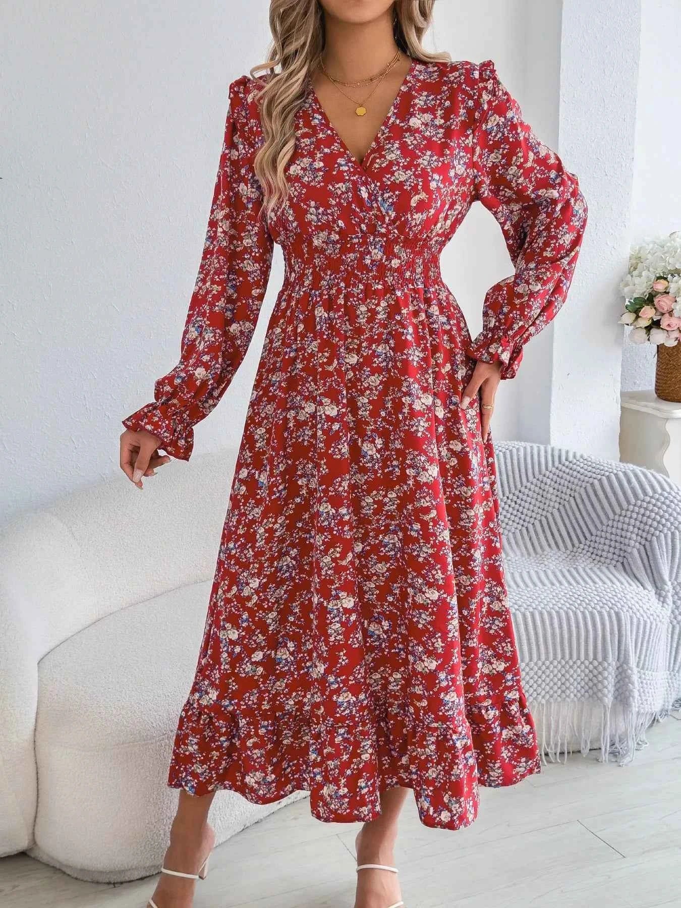 Ruffled Floral V-Neck Flounce Sleeve Dress 61b539ad-81ae-4d5e-8fd8-85e633fe0fb1-Max-Origin