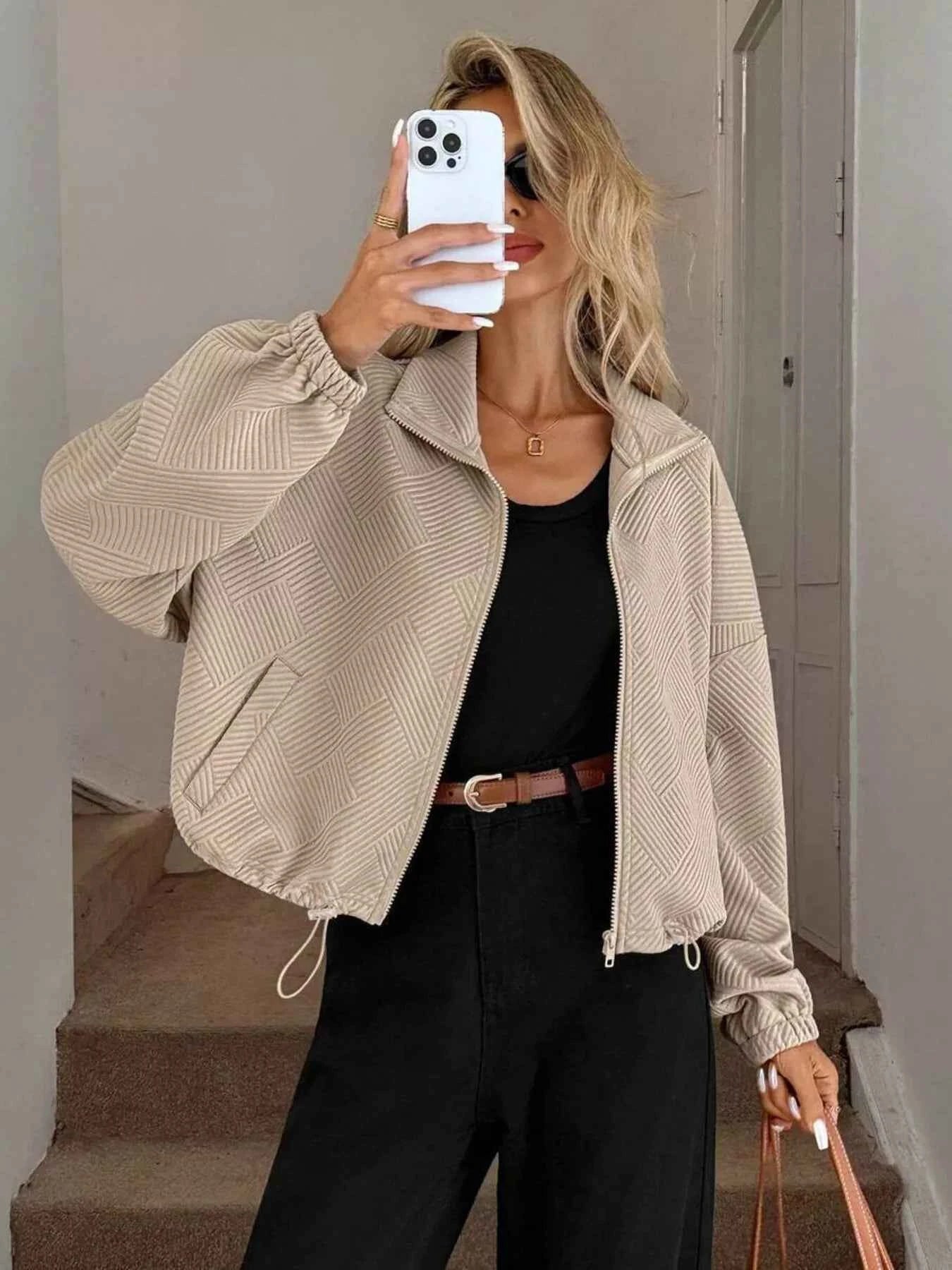 Drawstring Hem Textured Long Sleeve Jacket 61b7943165584248958b5845d04c9c6a-Max-Origin