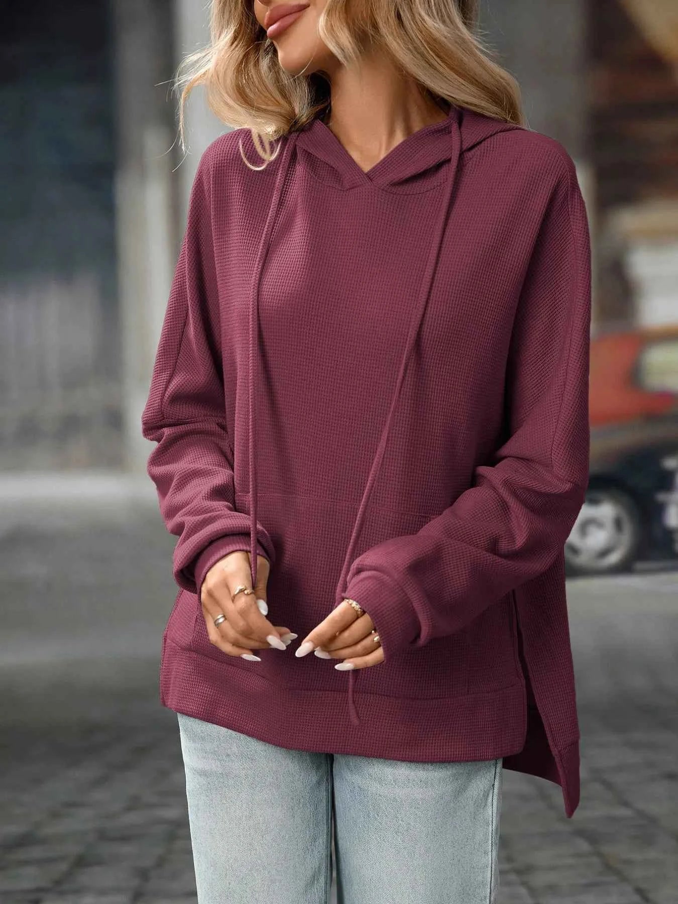 Textured Drawstring Long Sleeve Hoodie Plum Purple 61b82178-5e41-46cc-88ae-935523f76091-Max-Origin