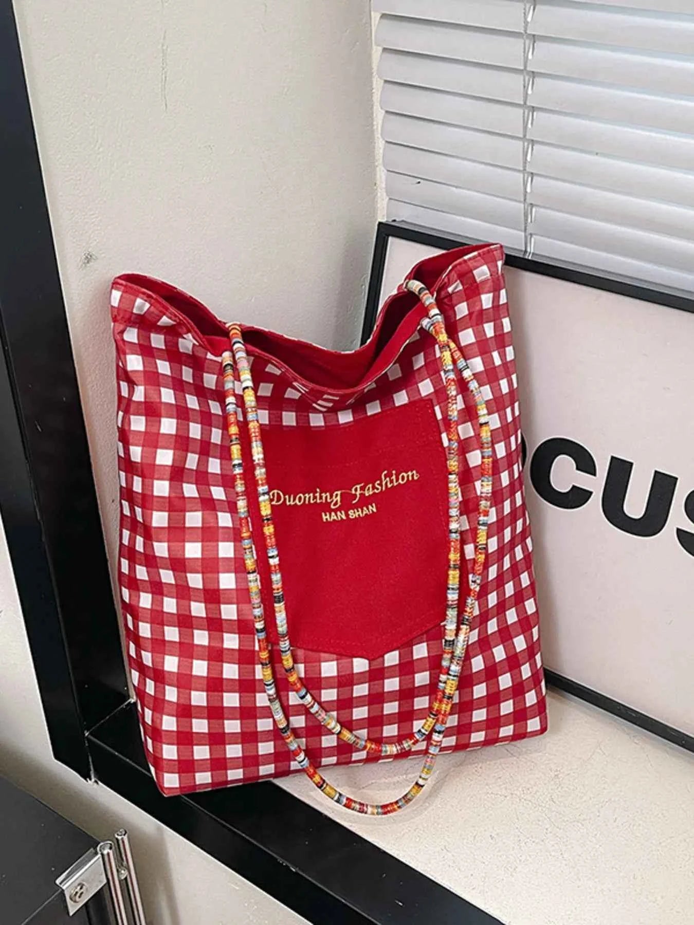 Gingham Pattern Tote Bag Red ONESIZE 61ba04a71d484f8bad912573267a872b-Max-Origin