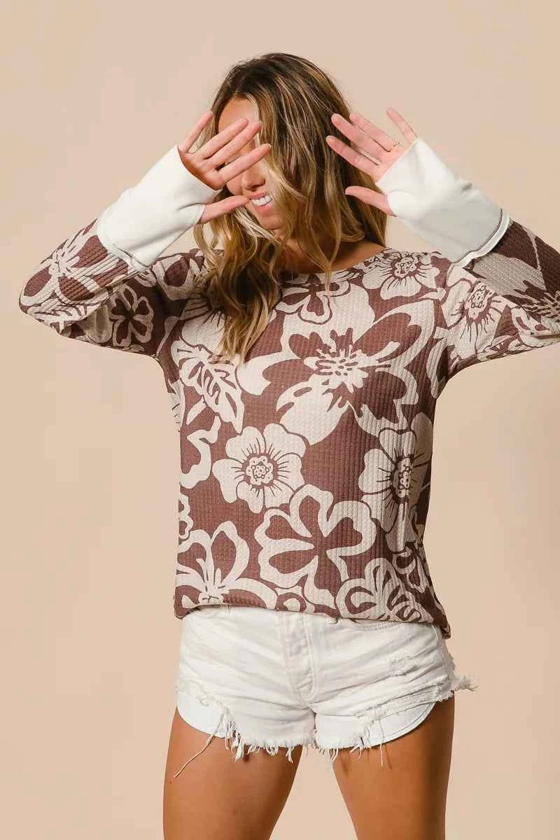 BiBi Flower Printed Waffle Thumb Opening Top 61bca94be7b543a494611e60a4eac4c0-Max-Origin