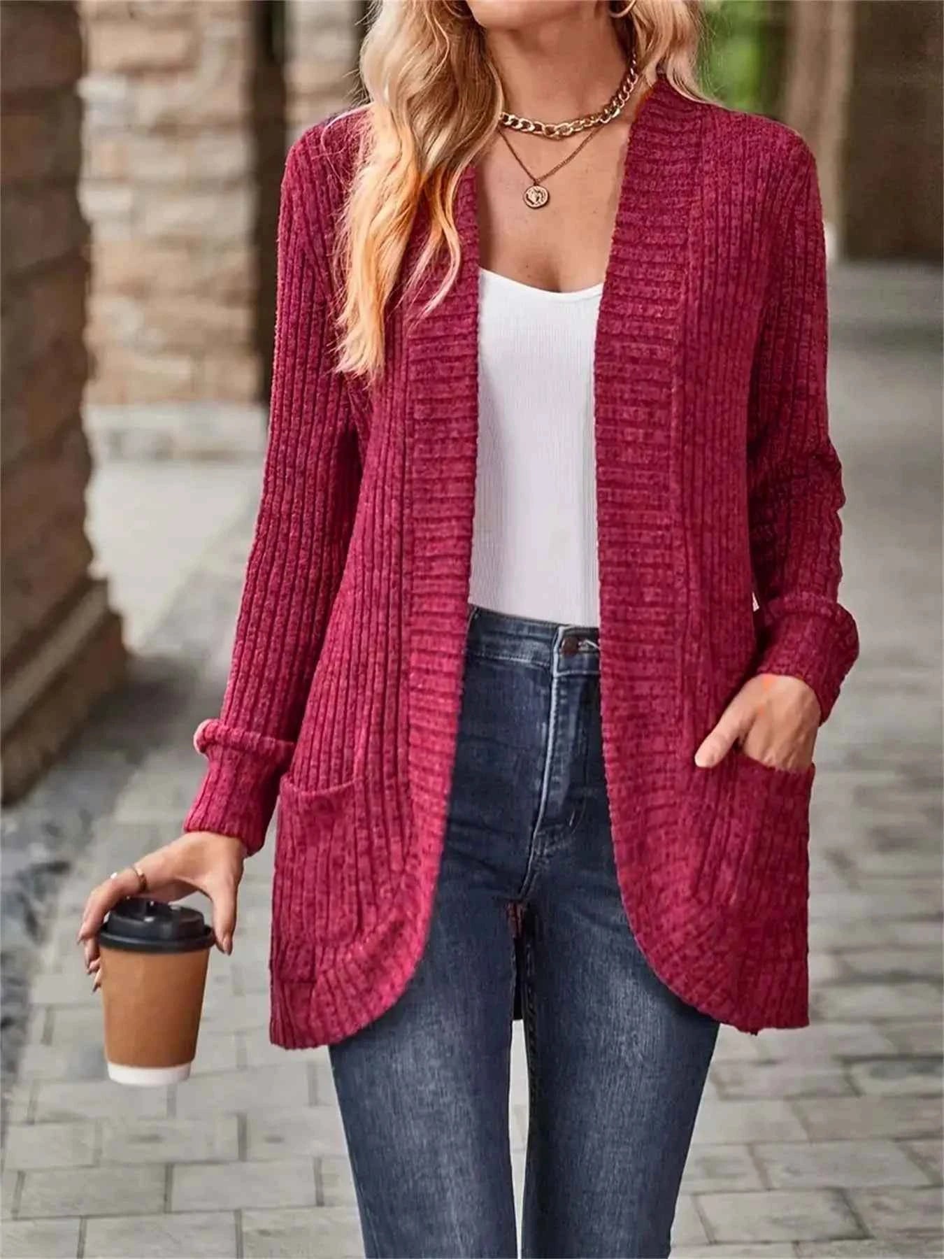 Ribbed Open Front Long Cardigan with Pockets