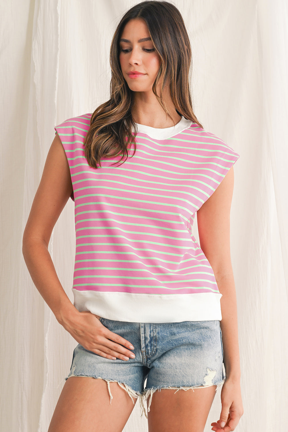 Sachet Pink Striped Contrast Trim Top 61c52fce51fd41a5