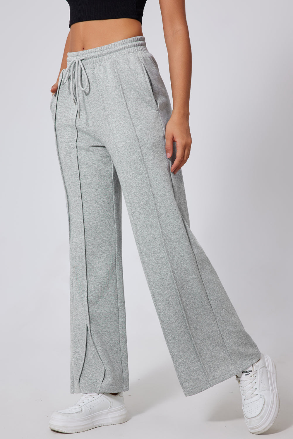 Gray Seamed Drawstring High Waist Wide Leg Sweatpants 61c6a523bdfc9080