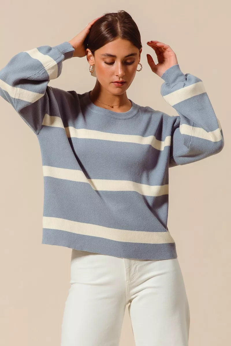 SO ME Ribbed Striped Round Neck Sweater DUSTY BLUE IVORY 61c7024beb0a4198afec2eb705b2234b-Max-Origin