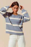 SO ME Ribbed Striped Round Neck Sweater DUSTY BLUE IVORY 61c7024beb0a4198afec2eb705b2234b-Max-Origin