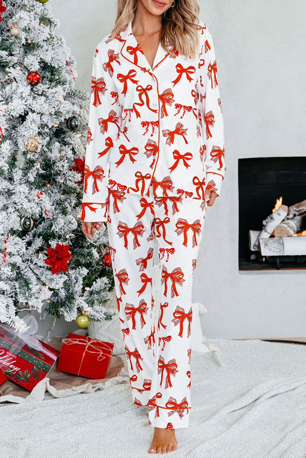 Red Christmas Bow Print Long Sleeve 2pcs Pajama Set 61cb38bf73032582