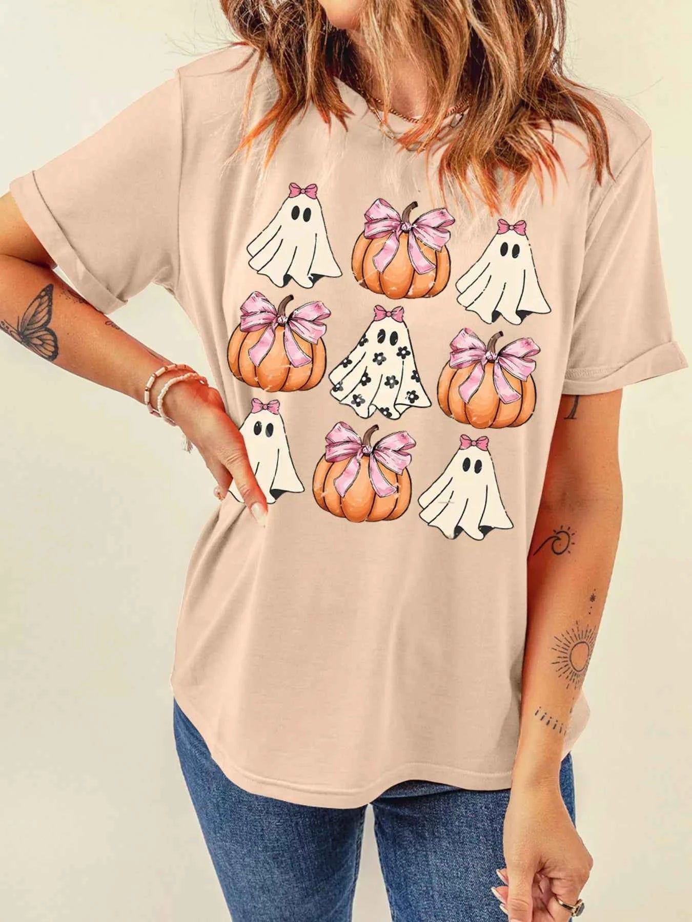 Halloween Bowknot Ghost Pumpkin Graphic T Shirt 61cc45aeb47f4efebb27c857b5a65a27-Max-Origin