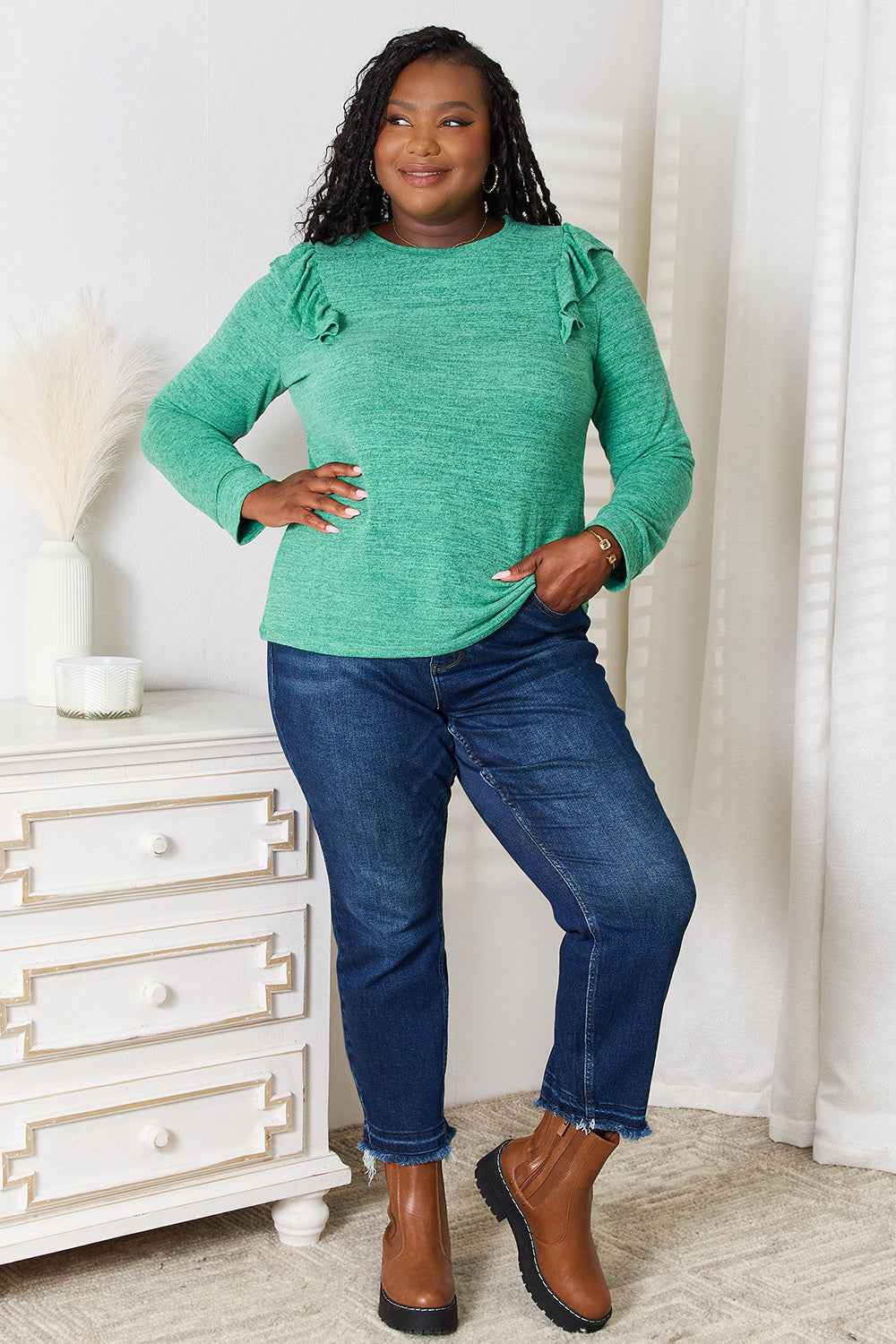 Double Take Ruffle Shoulder Long Sleeve T-Shirt 61cebd602fa24711b43102e24bbb8e69-Max