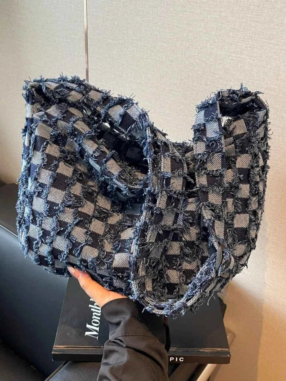 Checkered Raw Edge Denim Shoulder Bag 61cfaeed-101e-4599-9152-e3be461fae61-Max