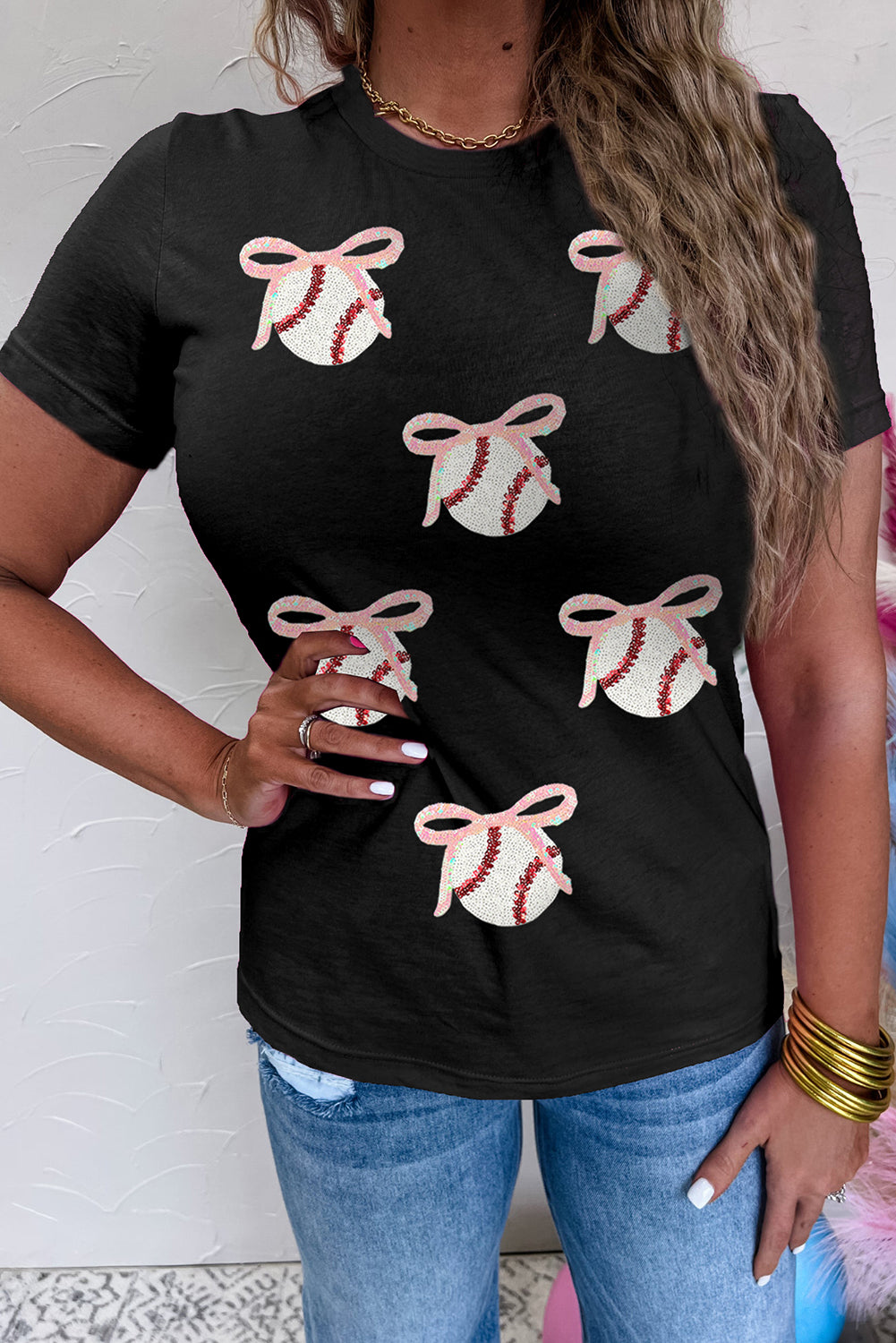 Black Shimmering Sequin Bow Ball Patterned Game Day Casual Tee 61d72145ca3ea016