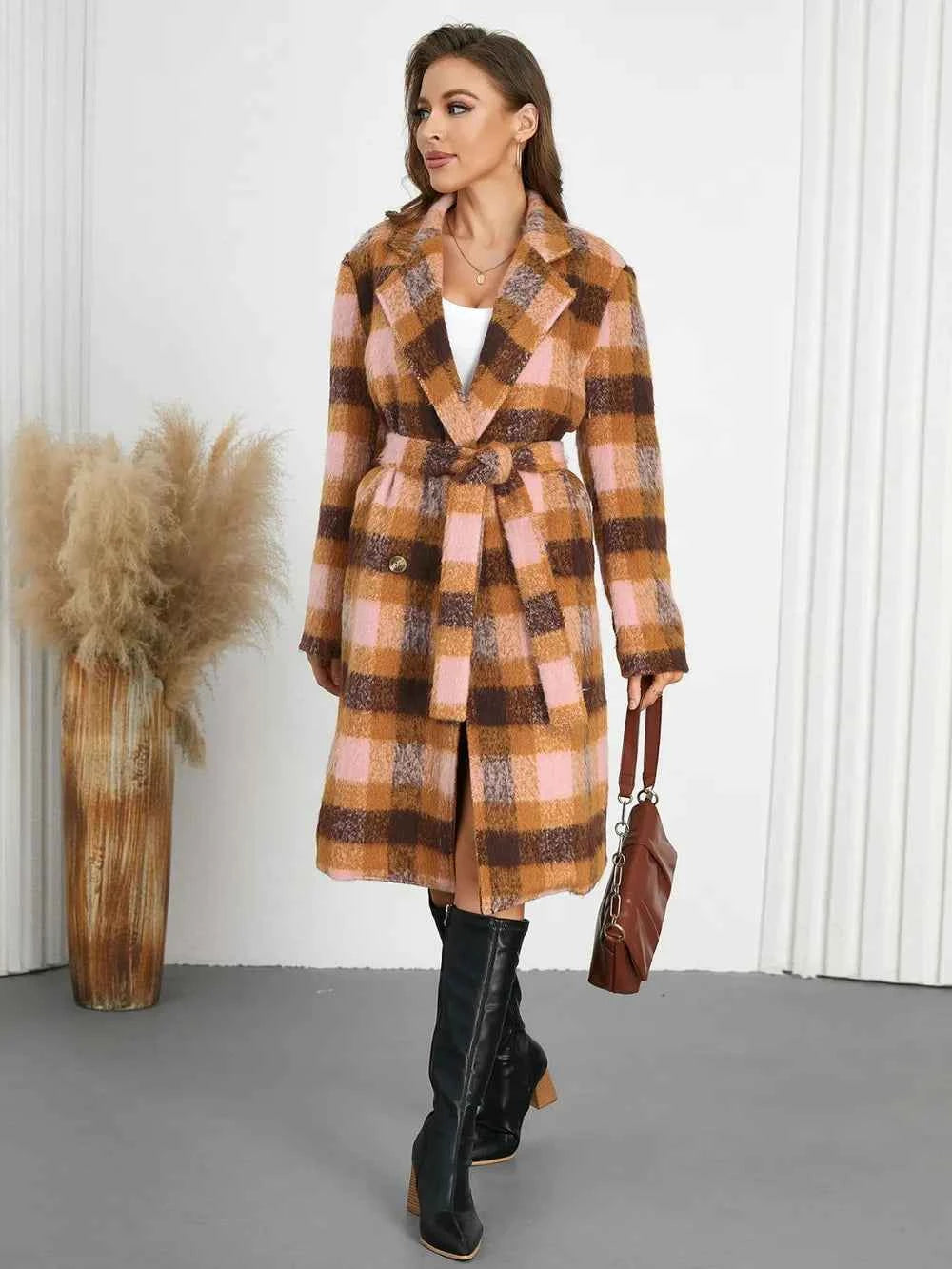 Tied Plaid Collared Neck Coat 61d98df6-95f9-4cb5-ae64-8e47656c0c27-Max