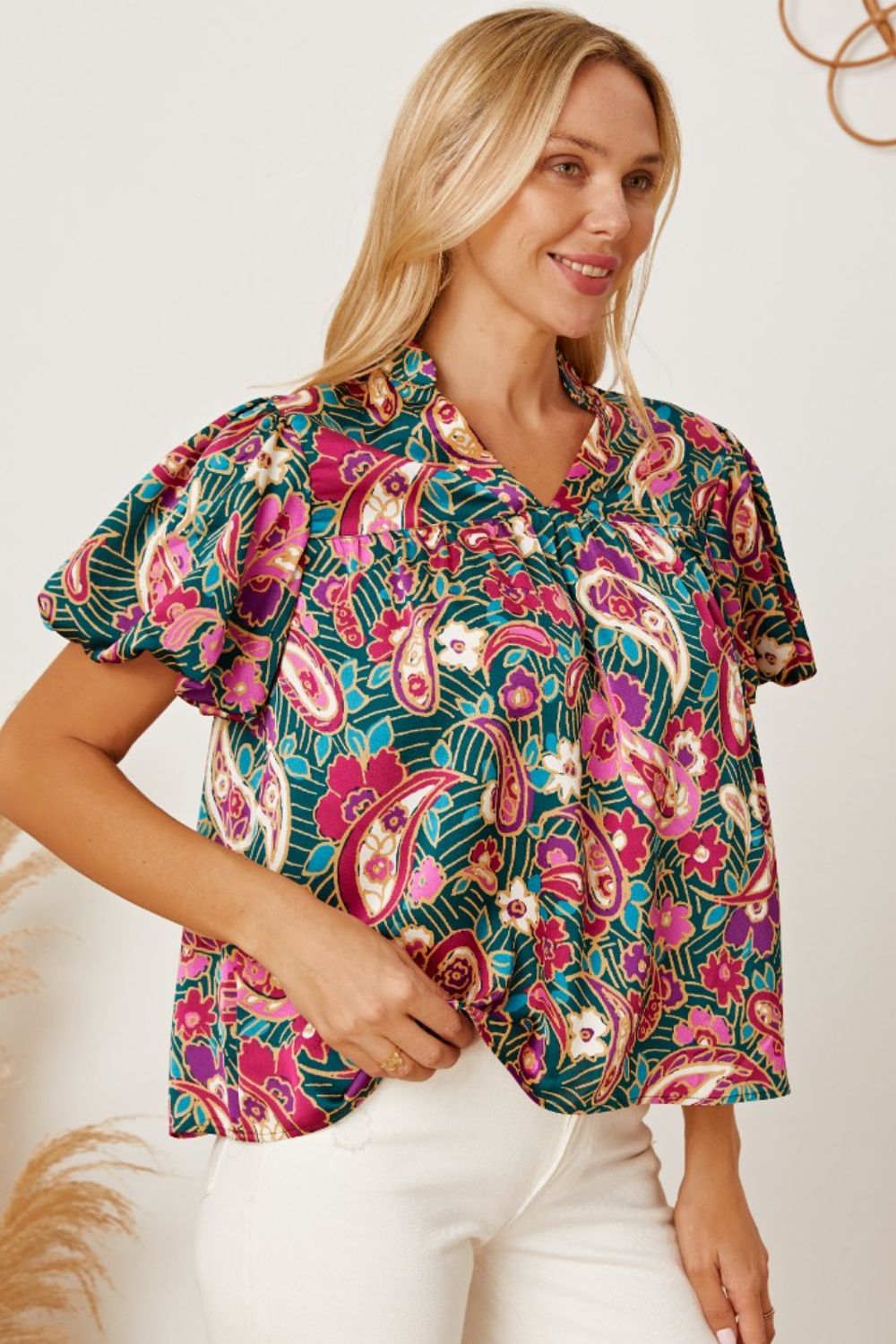 Floral Collared Neck Short Sleeve Blouse