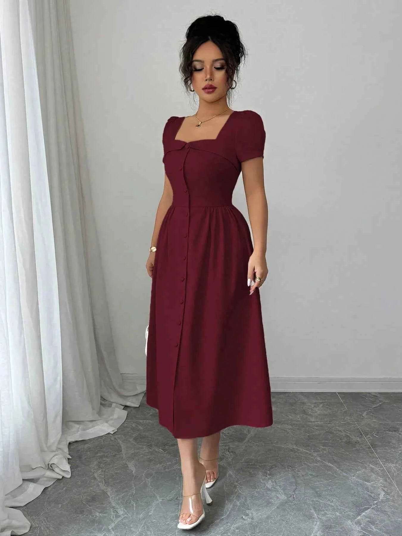 Square Neck Puff Sleeve Midi Dress 61e5510d-cb58-4c56-833c-de4eaebc7173-Max-Origin