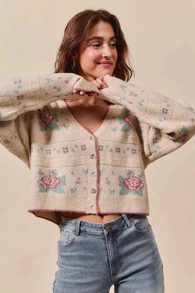 SO ME Floral Pattern Long Sleeve Button Sweater Cardigan 61e829620e9e479dbd5c91b2c7732ca9-Max-Origin