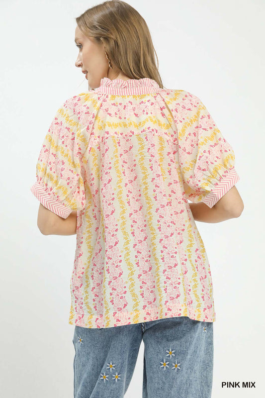 Mix Print Boho Blouse with Contrast Trim 61f06adb-f148-49a9-b43e-4cfddc3982a0-Max