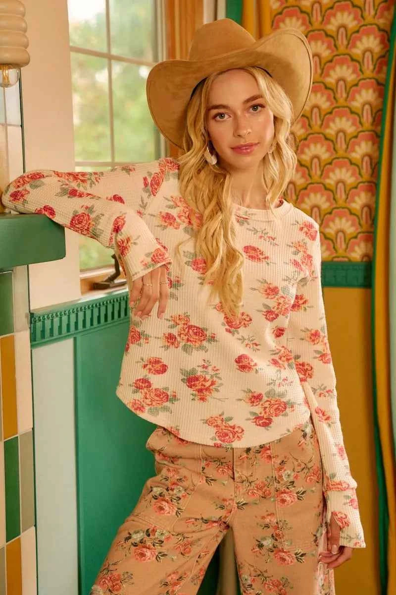 BiBi Floral Print Washed Waffle Thermal Top With Thumb 61f3b68aec3e41788f6176d91a362fa6-Max-Origin