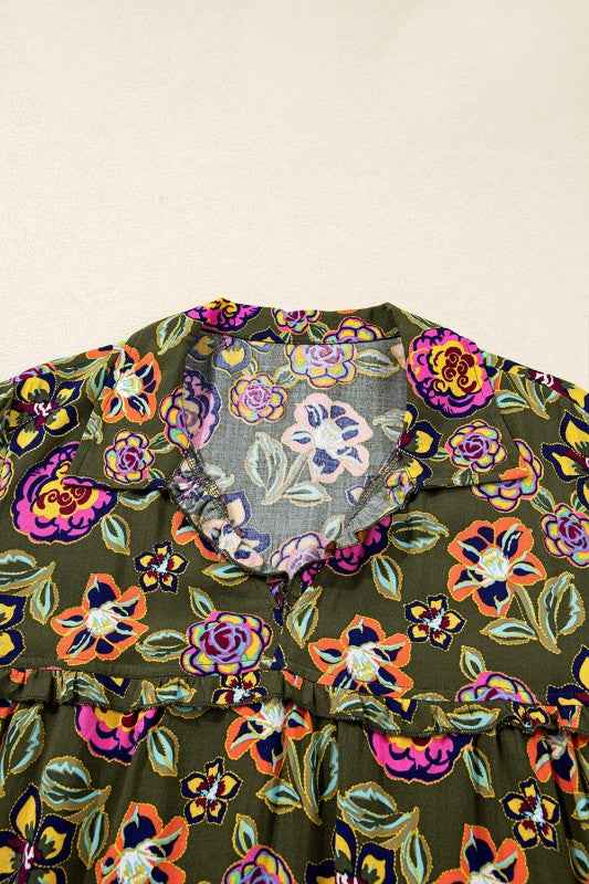 Floral Split Neck Bubble Sleeve Shift Mini Dress 61f3fb4c-83ff-464d-b75f-93ad888d1966