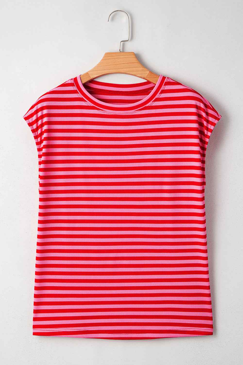 Sky Blue Stripe Ribbed Cap Sleeve Round Neck T Shirt 61fe73cff6e689fd