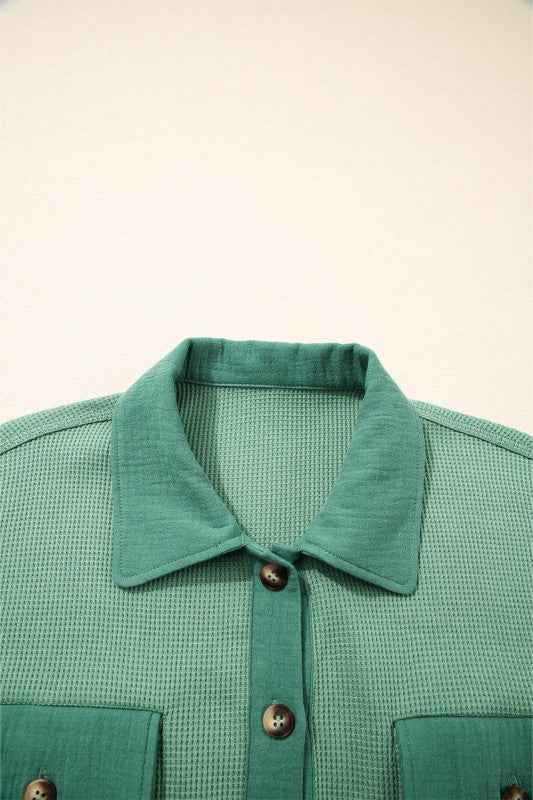 Waffle Knit Patchwork Button-Up Shirt 6205a4ff-9651-41f4-ab40-72cd90c76144