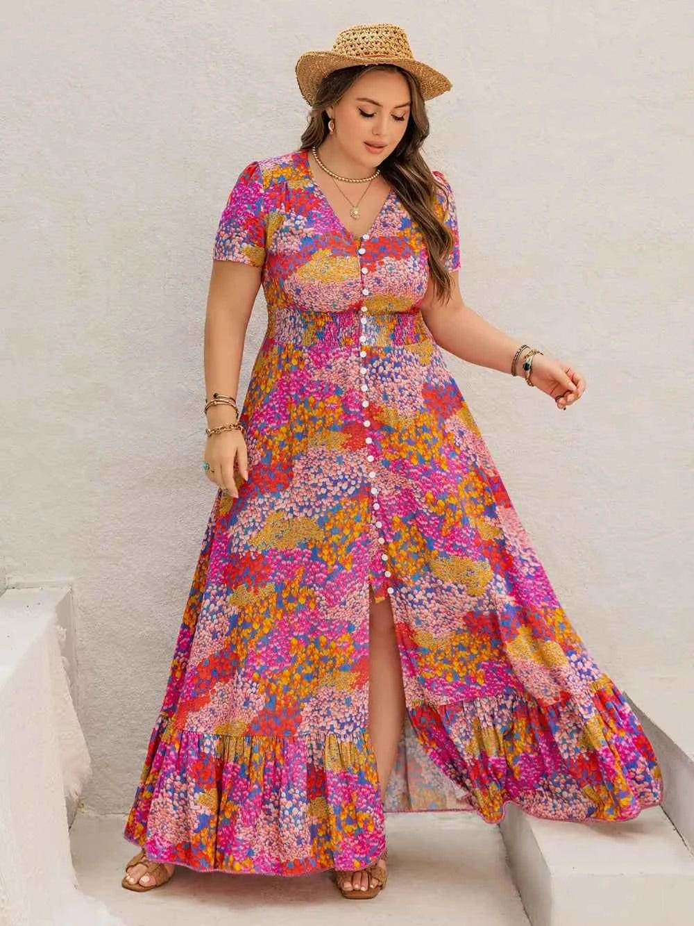 Plus Size Button Up Printed Short Sleeve Maxi Dress 620f53f7-c35b-4cdb-bb5b-312926366f01-Max