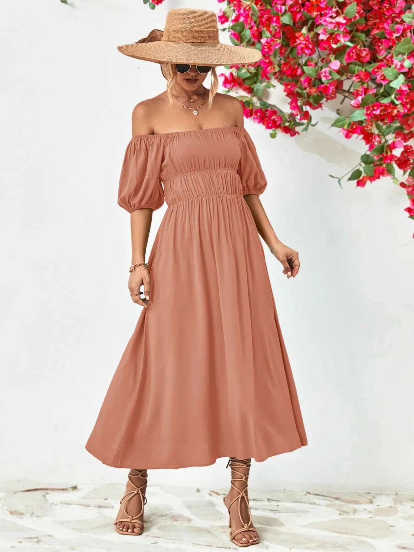 Off-Shoulder Puff Sleeve Smocked Maxi Dress 6211454f-cdc0-4b28-986a-a2f1c84f7116-Max-Origin