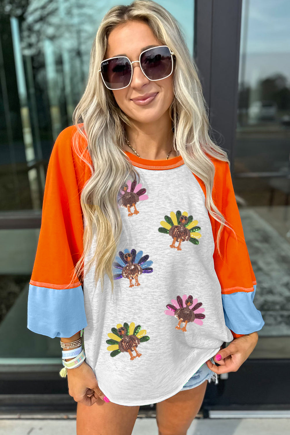 Light Grey Thanksgiving Turkey Graphic Sequins Patch Color Block Raglan Sleeve Top 62148ac41197d58a