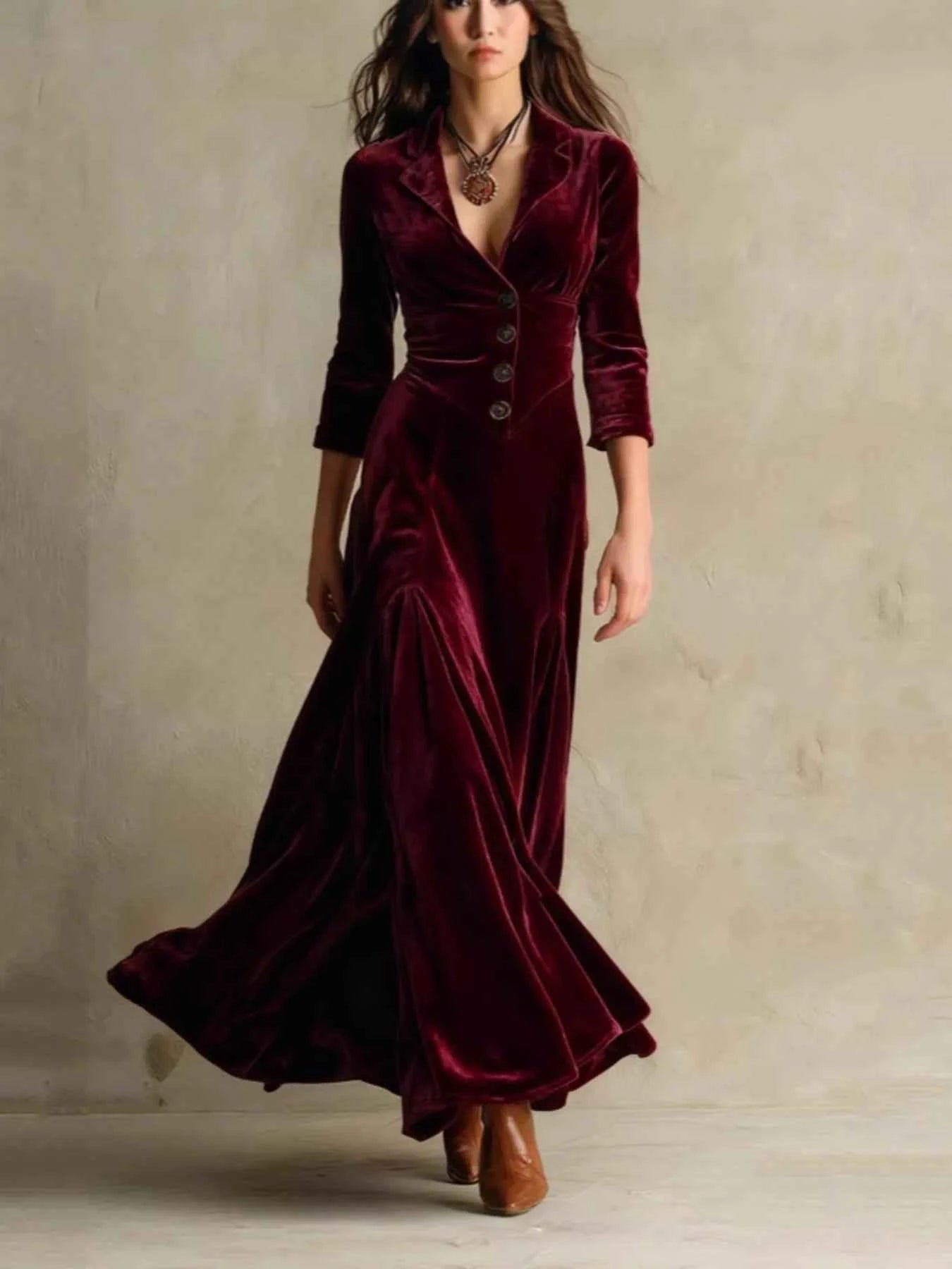 Velvet Button Front 3/4 Sleeve Maxi Dress Burgundy 6222a84eb60649348f9f07c136189b05-Max-Origin