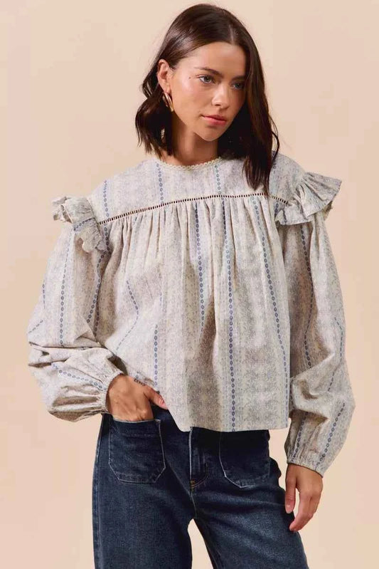 SO ME Floral Cotton Print Ruffled Long Sleeve Blouse BLUE 62236d5ed51040c7b205f3996d298edf-Max-Origin