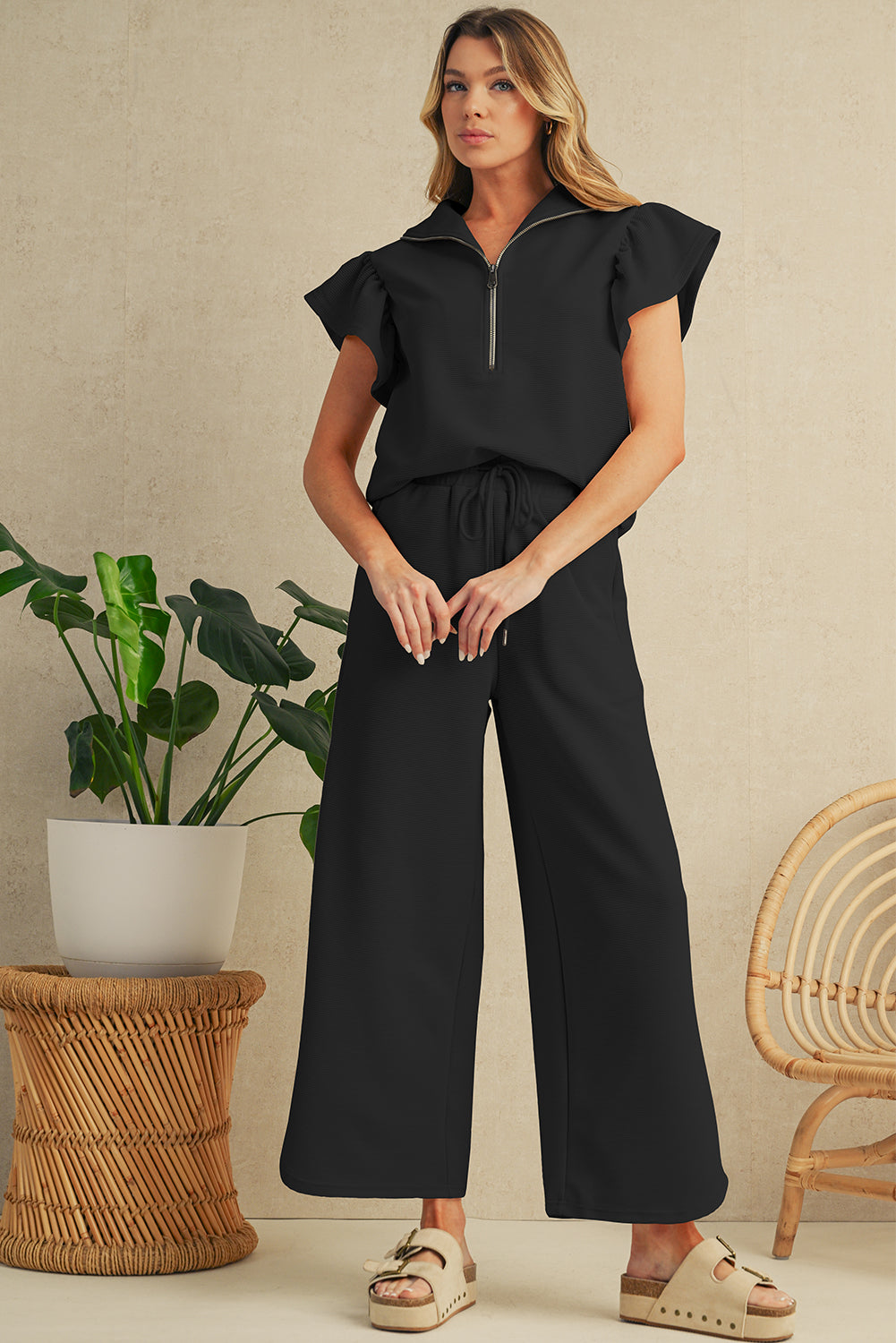 Black Textured Ruffle Sleeve Zipped Top and Wide Leg Pants Set