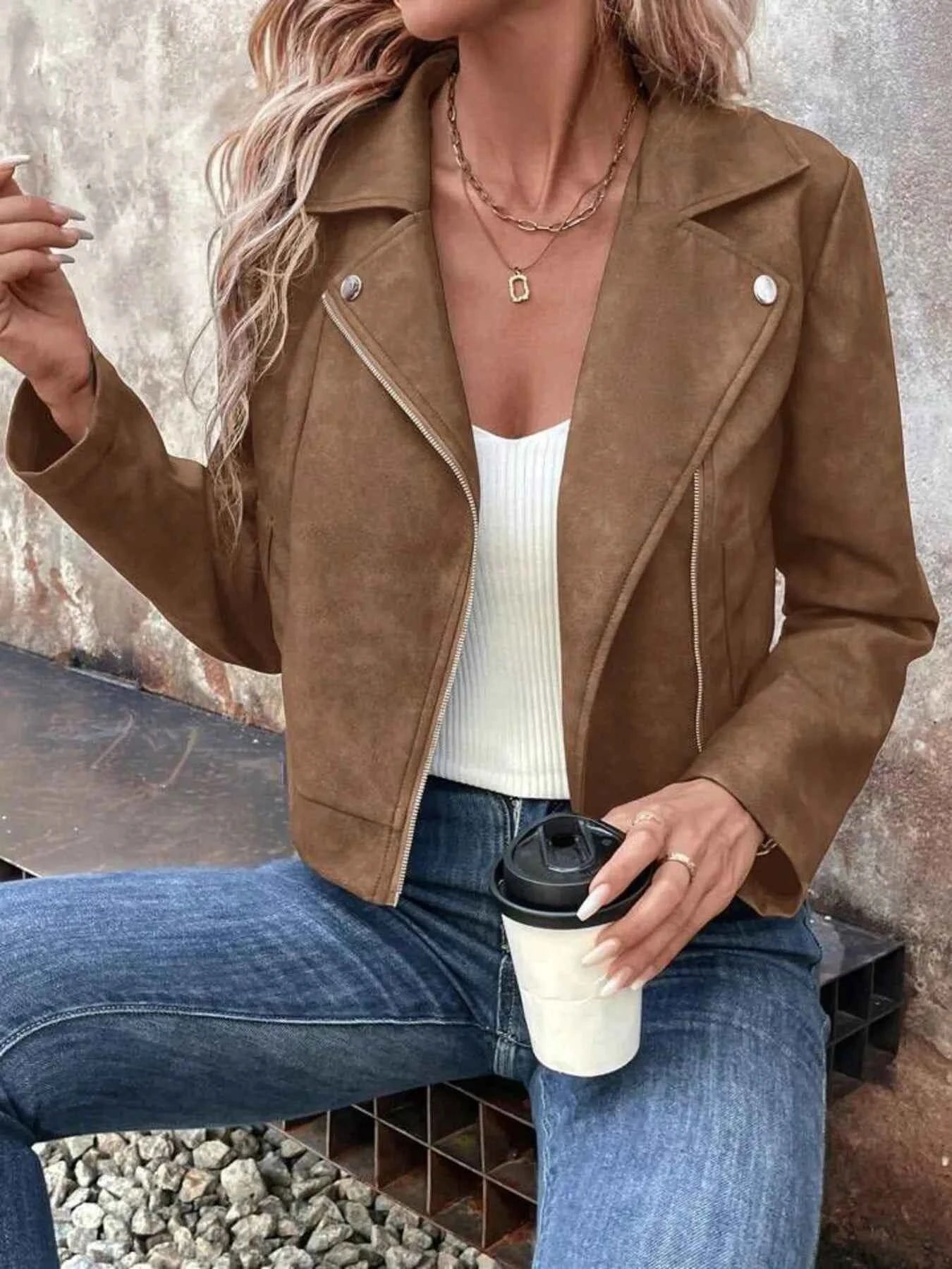 Zip Up Suede Cropped Moto Jacket