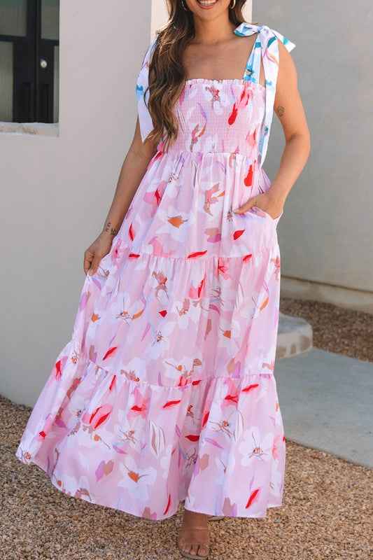 Floral Knotted Shoulder Smocked Maxi Dress Pink 6226718e-8dda-444f-a721-42bb0647be77