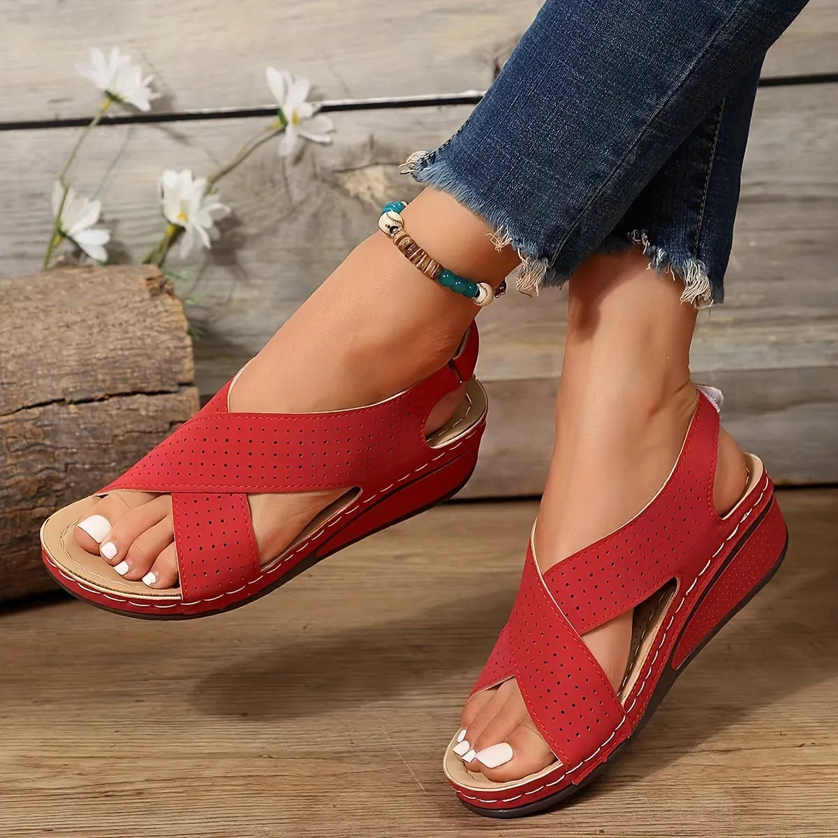 Criss-Cross Comfort Wedge Sandals Red 6229773734ee43adb256ed691175e150-Max-Origin