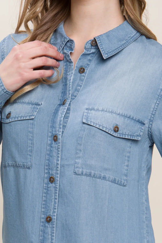 Love Tree Scooped Hem Button Up Denim Shirt 622a12f6-ee36-4390-9d95-51d5ab6e6412-Max