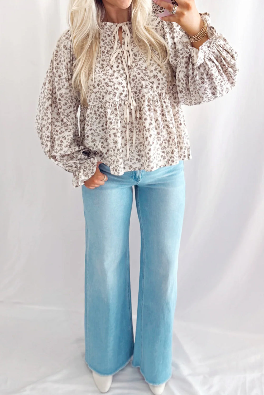 White Bow Tie Front Floral Print Flounce Sleeve Peplum Blouse 622aa2fcecbed4df