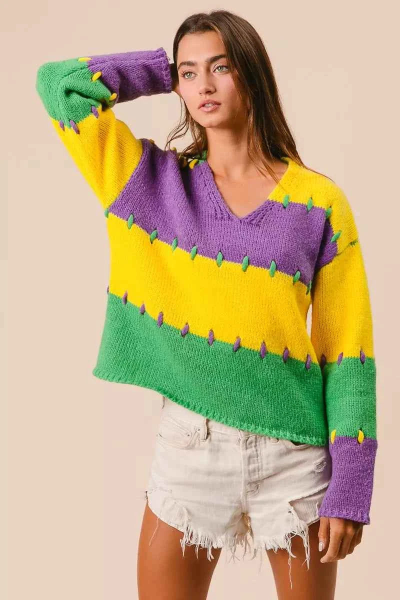 BiBi Stitch Detail Mardi Gras Stripes Sweater 623498167939408f9f392d2816a001c0-Max-Origin