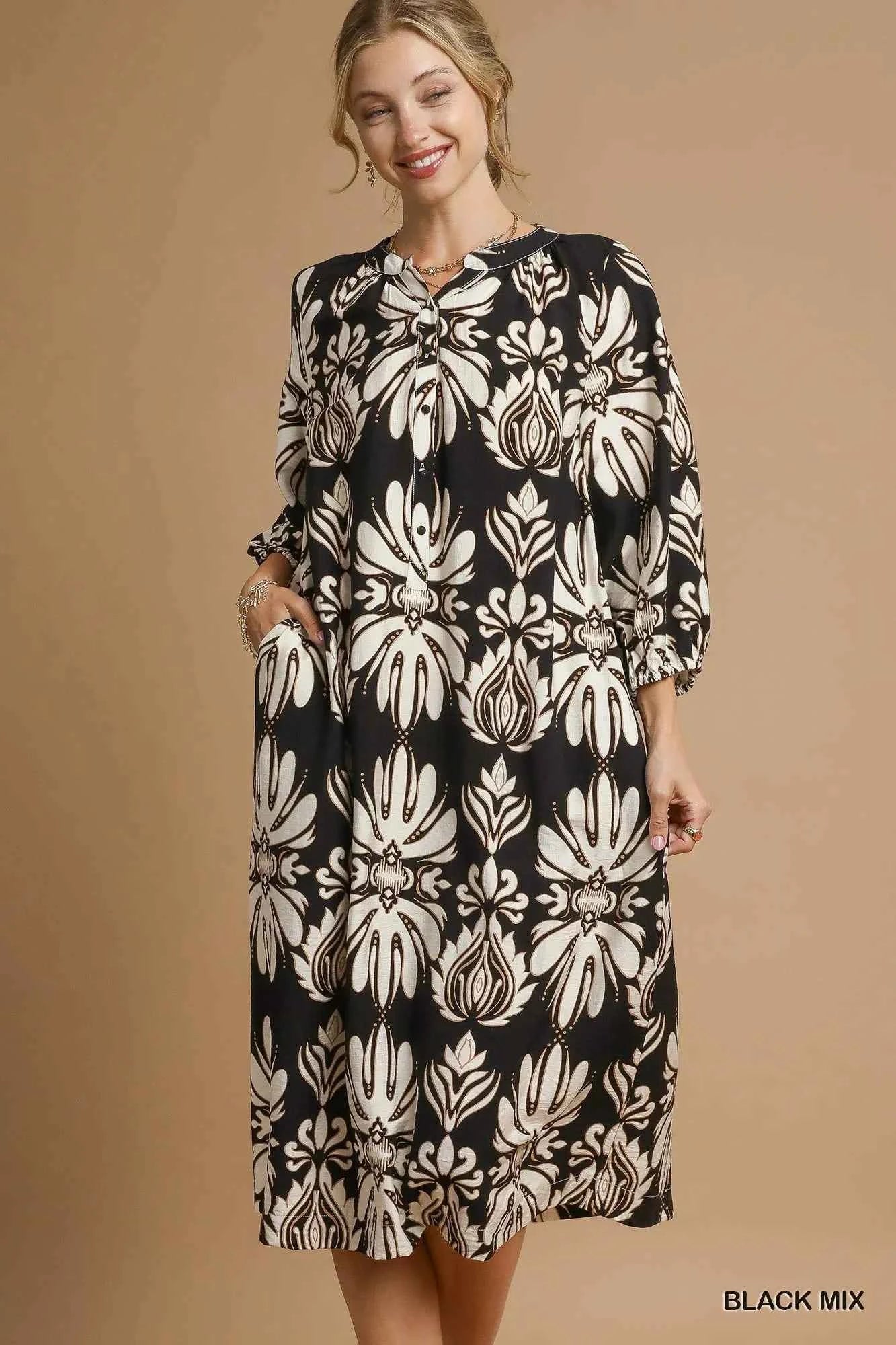 Umgee Mix Abstract Floral Print Midi Dress