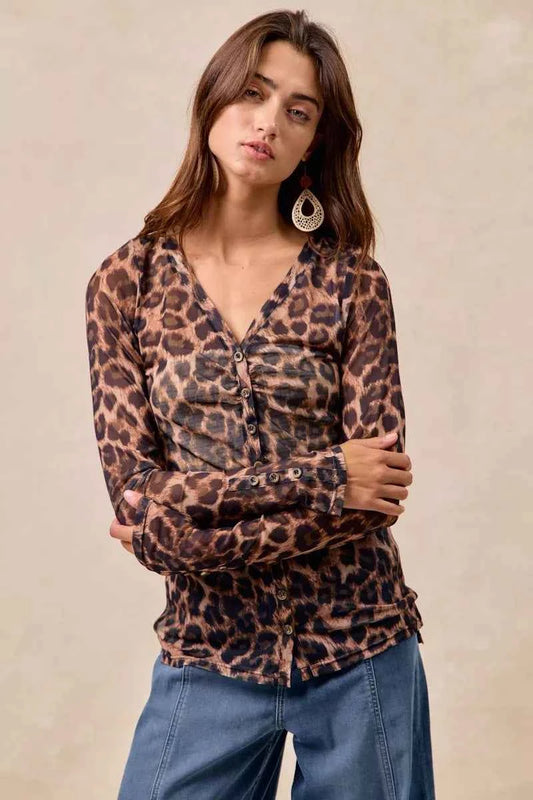 Leopard Printed Mesh Shirt With Button Up V Neck 6235da3f769748db8876f36c10333958-Max-Origin